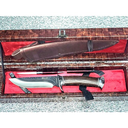фото Нож туристический волк разделочный в чехле ножнах и подарочный кожаный футляр , ручка нож. (сталь65х13: модель 4) кизляр