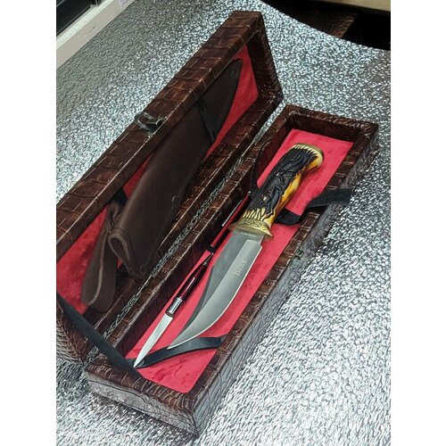 фото Нож туристический разделочный волк в чехле ножнах и подарочный кожаный футляр , ручка нож. (сталь65х13: модель 5) кизляр
