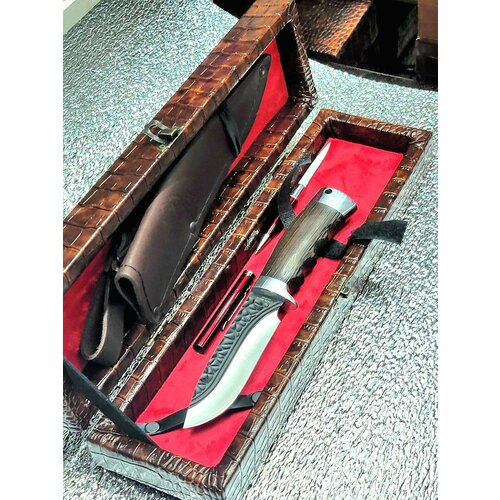 фото Нож туристический разделочный охотник 4 в чехле ножнах и подарочный кожаный футляр , ручка нож. (сталь65х13) кизляр