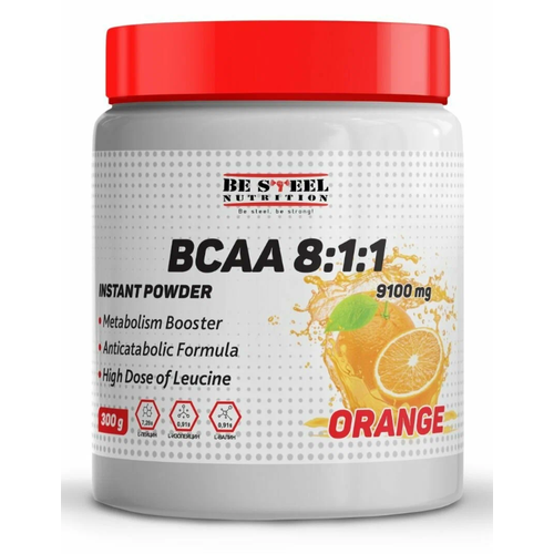 фото Be steel nutrition bcaa 8:1:1 instant powder 9100мг 300г (апельсин) аминокислоты бцаа порошок