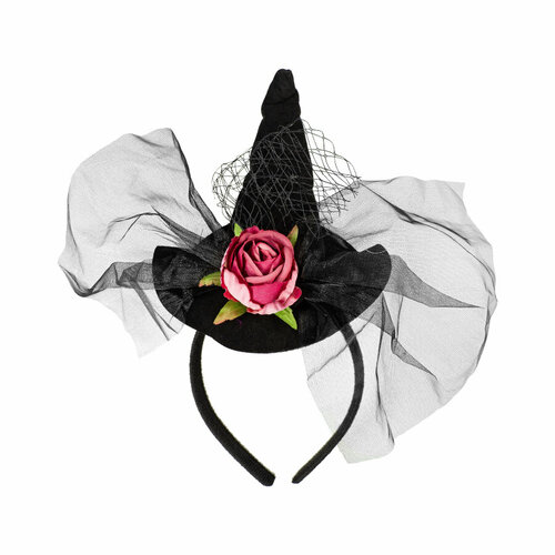 фото Карнавальный ободок на новый год "мини шляпа" черный / колпак-шляпка с вуалью и розой 1 шт. китай