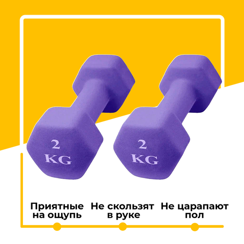 фото Гантель шестиугольная неопреновая для фитнеса 2 кг, 2 шт, фиолетовый insport