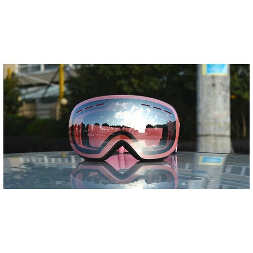 фото Очки альпинистские горнолыжные / горнолыжная маска / защитные очки для сноуборда, мототехники и снегохода, стекло розовое, незапотевающие нет бренда
