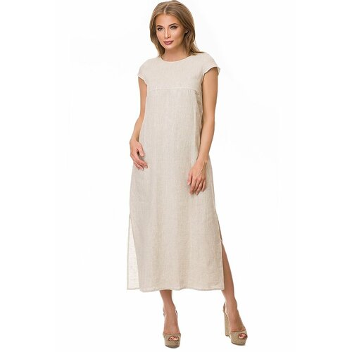 фото Платье-футболка gabriela, лен, прямой силуэт, макси, карманы, размер 54, бежевый