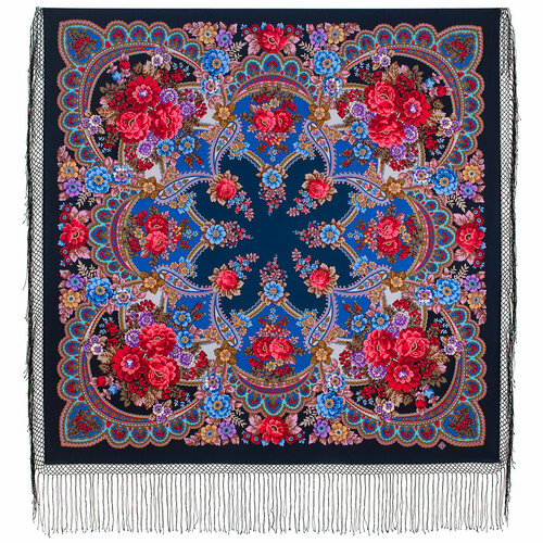 фото Шаль павловопосадская платочная мануфактура, шерсть, с бахромой, 148х148 см, синий