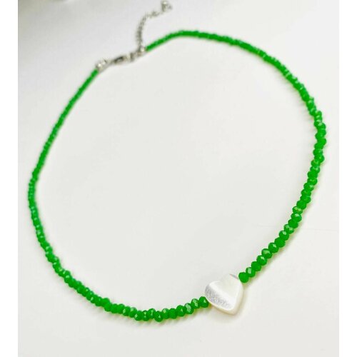 фото Колье на шею женское с подвеской сердце / кулон сердце сердечко с перламутром, короткое зеленое ожерелье / подарок для любимой acfox