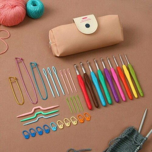 фото Набор для вязания, 35 предметов, в пенале, 20 х 10,5 х 4 см, цвет розовый китай