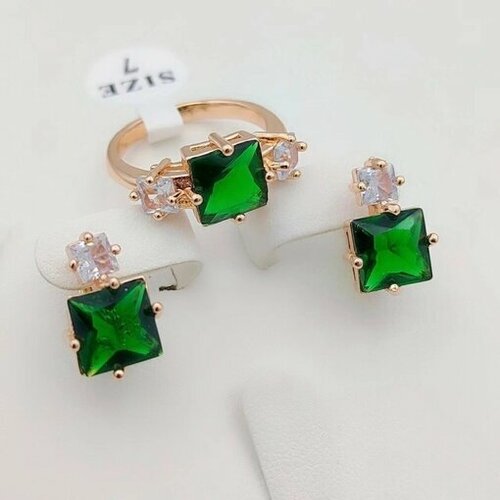 фото Комплект бижутерии xuping jewelry: кольцо, серьги, фианит, размер кольца 18, золотой, зеленый