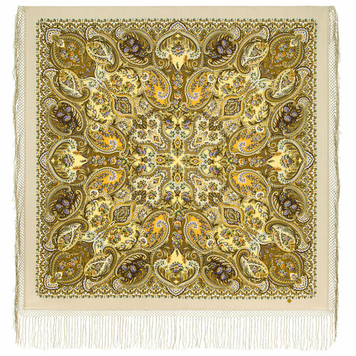 фото Шаль павловопосадская платочная мануфактура, шерсть, с бахромой, 148х148 см, бежевый