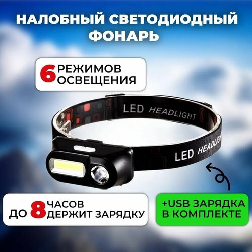 фото Налобный светодиодный фонарь с регулировкой угла свечения cо встроенным аккумулятором и зарядом от usb, 3 режима работы без бренда