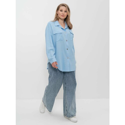 фото Рубашка cleo, прямой силуэт, длинный рукав, карманы, однотонная, размер 48, голубой