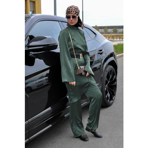 фото Костюм-тройка hayat, туника и брюки, свободный силуэт, размер 50 (xl), зеленый