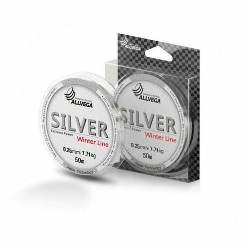 фото Леска монофильная allvega silver, диаметр 0.25 мм, тест 7.71 кг, 50 м, серебристая (комплект из 5 шт)