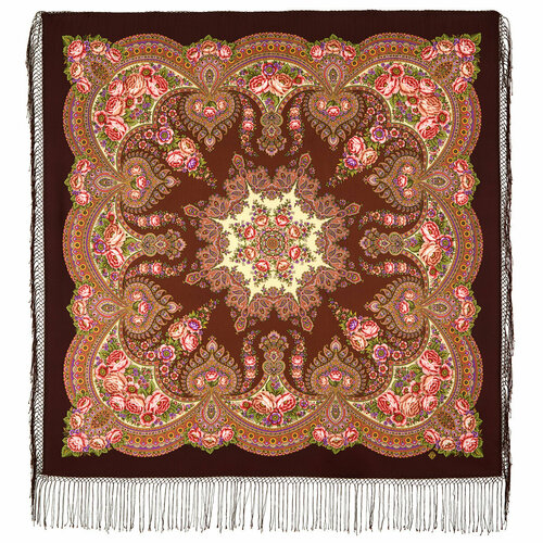 фото Платок павловопосадская платочная мануфактура,135х135 см, коралловый, коричневый
