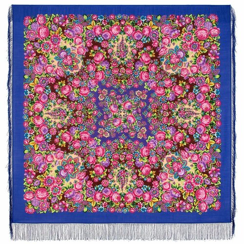 фото Платок павловопосадская платочная мануфактура,146х146 см, синий, розовый