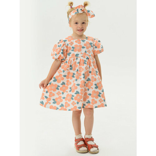 фото Платье мирмишелька, хлопок, флористический принт, размер 104/110, оранжевый, белый