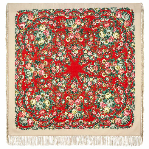 фото Платок павловопосадская платочная мануфактура, 146х146 см, бежевый, зеленый