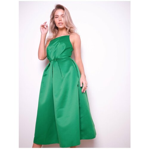 фото Платье fashion.love.story, атлас, полуприлегающее, миди, карманы, размер 40, зеленый