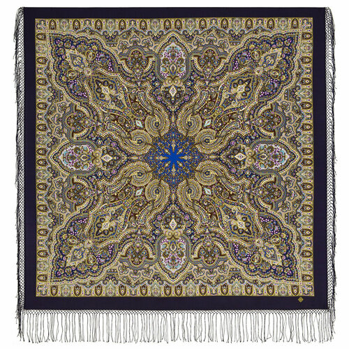 фото Платок павловопосадская платочная мануфактура,135х135 см, синий, горчичный