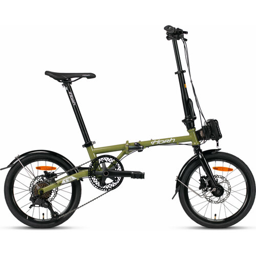 фото Велосипед складной, городской horh t16 16" (2024), хром-молибденовая рама, 7 скоростей, дисковые гидравлические тормоза, цвет khaki green-white, на рост 150-180 см