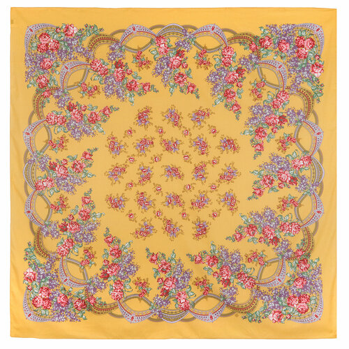фото Платок павловопосадская платочная мануфактура,146х146 см, розовый, желтый