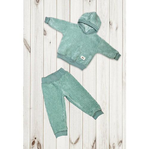 фото Комплект одежды балуша детский, кофта и брюки, спортивный стиль, капюшон, карманы, размер 74-80, бирюзовый, зеленый