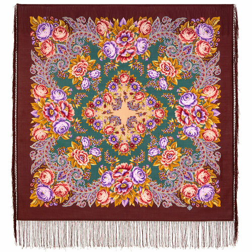 фото Платок павловопосадская платочная мануфактура,89х89 см, фиолетовый, оранжевый