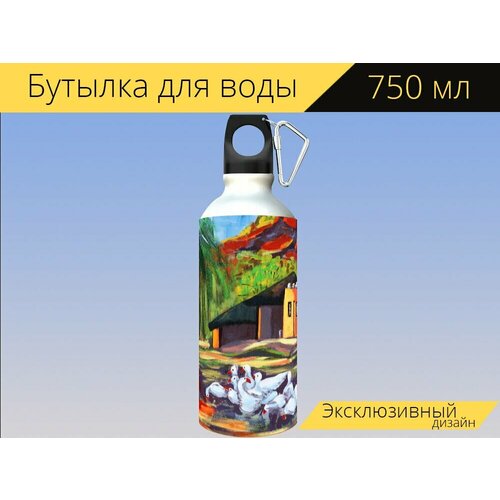 фото Бутылка фляга для воды "нарисованный пейзаж, акриловая краска, холст" 750 мл. с карабином и принтом lotsprints