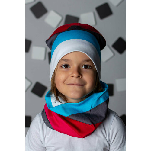 фото Шапка бини детский трикотаж 37 полоса3, размер 46-50, красный, бирюзовый
