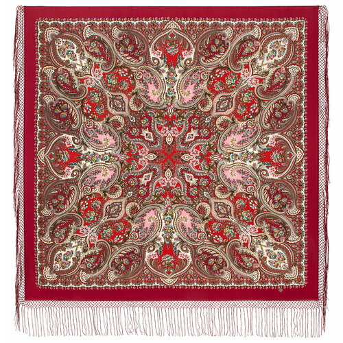 фото Шаль павловопосадская платочная мануфактура, шерсть, с бахромой, 148х148 см, красный