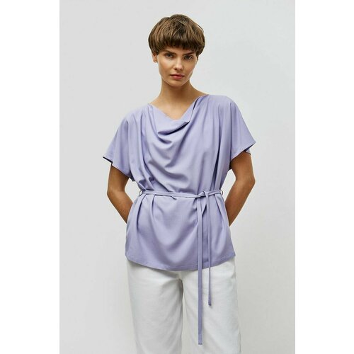 фото Блуза baon, повседневный стиль, свободный силуэт, короткий рукав, пояс/ремень, без карманов, однотонная, размер 46, фиолетовый