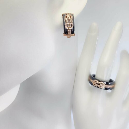 фото Комплект бижутерии: кольцо, серьги, фианит, размер кольца 20, черный, золотой qsy