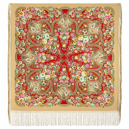 фото Шаль павловопосадская платочная мануфактура, шерсть, с бахромой, 148х148 см, красный, бежевый