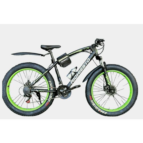 фото Велосипед fatbike richiesto 26" фэтбайк алюминиевая рама 21 спортивный вездеход на широких колесах, черно-зеленый