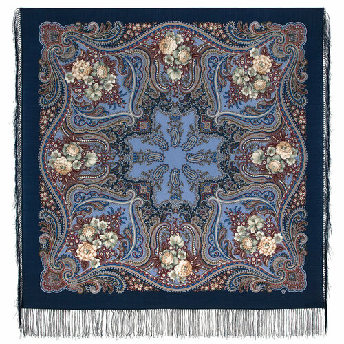 фото Платок павловопосадская платочная мануфактура,125х125 см, синий, бордовый