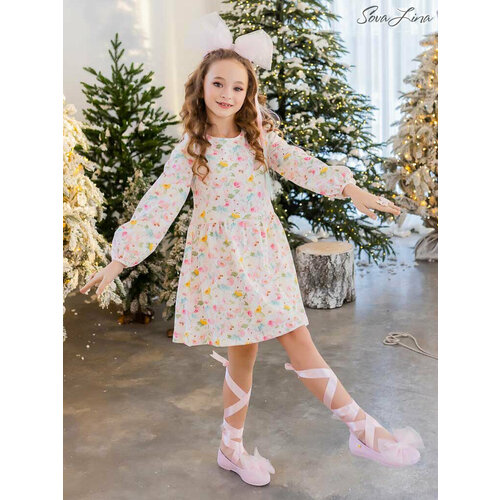 фото Платье sova lina, размер 128, белый, бежевый