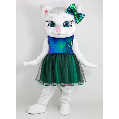 фото Ростовая кукла кошка кот матильда белая в платье малахит, карнавальный костюм для праздников, ростовой костюм для аниматора, поздравление ребенка mascot costume