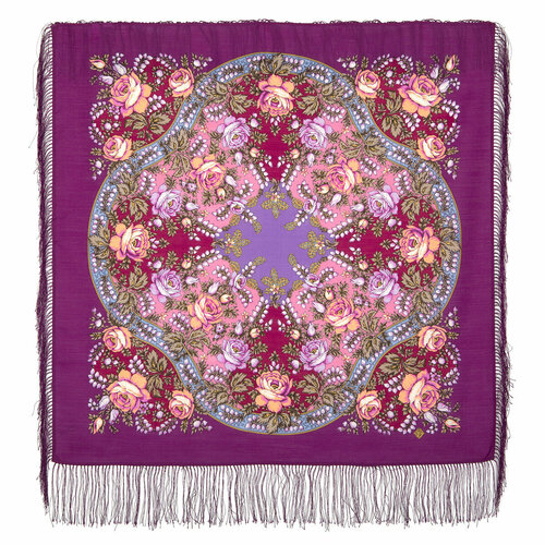 фото Платок павловопосадская платочная мануфактура,89х89 см, коралловый, фиолетовый