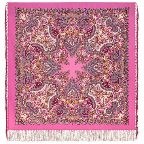 фото Платок павловопосадская платочная мануфактура,125х125 см, оранжевый, розовый