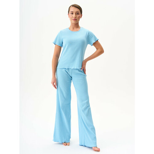фото Пижама catfit, футболка, брюки, короткий рукав, без карманов, стрейч, трикотажная, пояс на резинке, размер 42, голубой