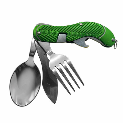 фото Походный нож мультитул вилка, ложка, нож 4 в 1 (зеленый) военпро
