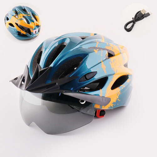 фото Шлем велосипедный с магнитным визором и задним фонарем led, usb зарядка (изумрудно-оранжевый, козырек) ho-86 нет бренда