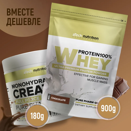 фото Комплекс atech nutrition протеин whey protein 100% шоколад + креатин моногидрат без вкуса 900 + 180 г порошок
