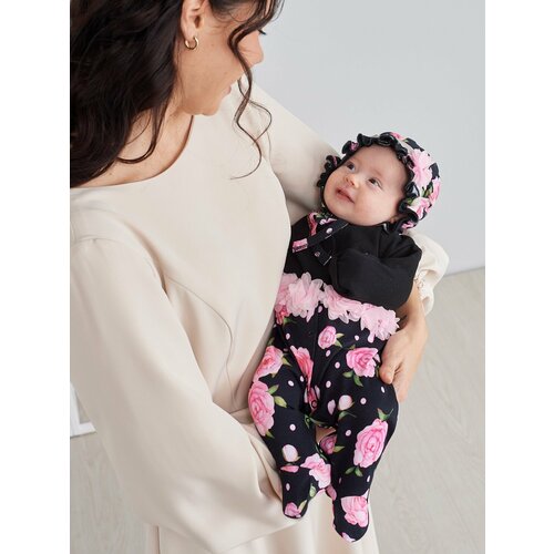 фото Комплект одежды luxury baby для девочек, чепчик и комбинезон, нарядный стиль, без карманов, застежка под подгузник, размер 56, черный, розовый