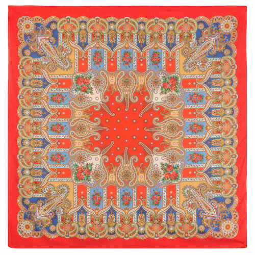 фото Платок павловопосадская платочная мануфактура,146х146 см, оранжевый, красный