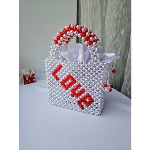 фото Сумка торба love love, фактура плетеная, рельефная, белый, красный