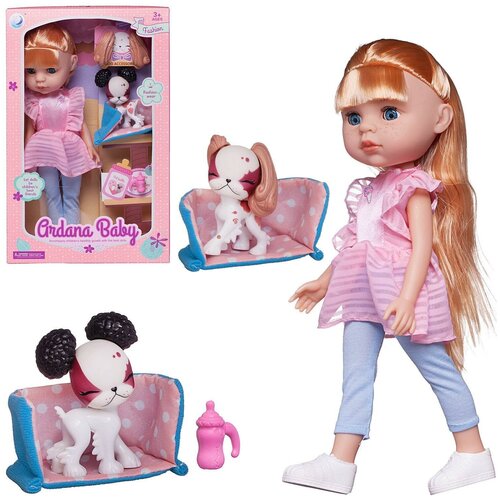 фото Кукла ardana baby (в розовом платье и голубых лосинах), 32,5 см, в наборе с собачкой и аксессуарами, в коробке - junfa toys [wj-19258/1]