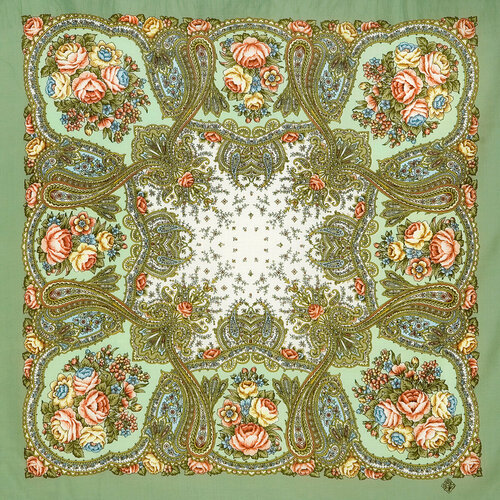 фото Платок павловопосадская платочная мануфактура,89х89 см, коралловый, зеленый