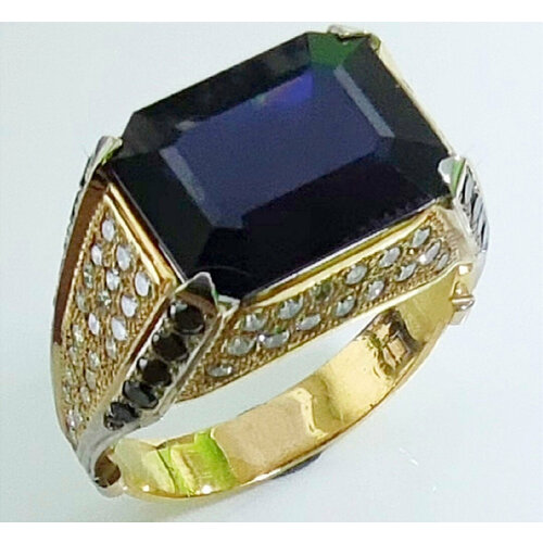 фото Перстень эстерелла перстень сапфир, желтое золото, 750 проба, родирование, бриллиант, сапфир, размер 21.5