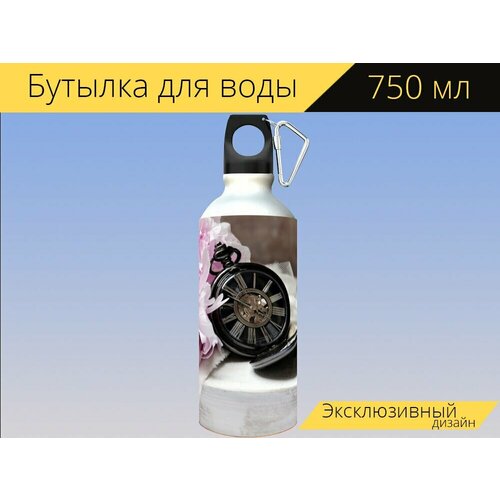 фото Бутылка фляга для воды "книги, карманные часы, пион" 750 мл. с карабином и принтом lotsprints